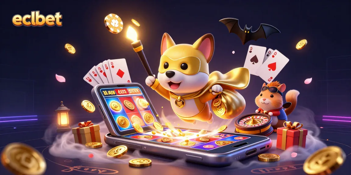 eclbet superhero dog and hamster flying with coins amidst vibrant casino elements.