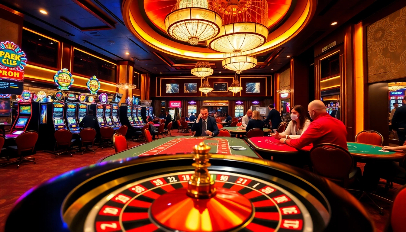 Experience Daftar Modal138 through an exciting casino scene filled with players at poker tables and a spinning roulette wheel.