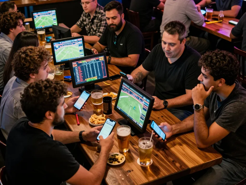 Excited friends discussing bets at the sports bar while using Nhà cái bl555 app, creating a lively atmosphere.