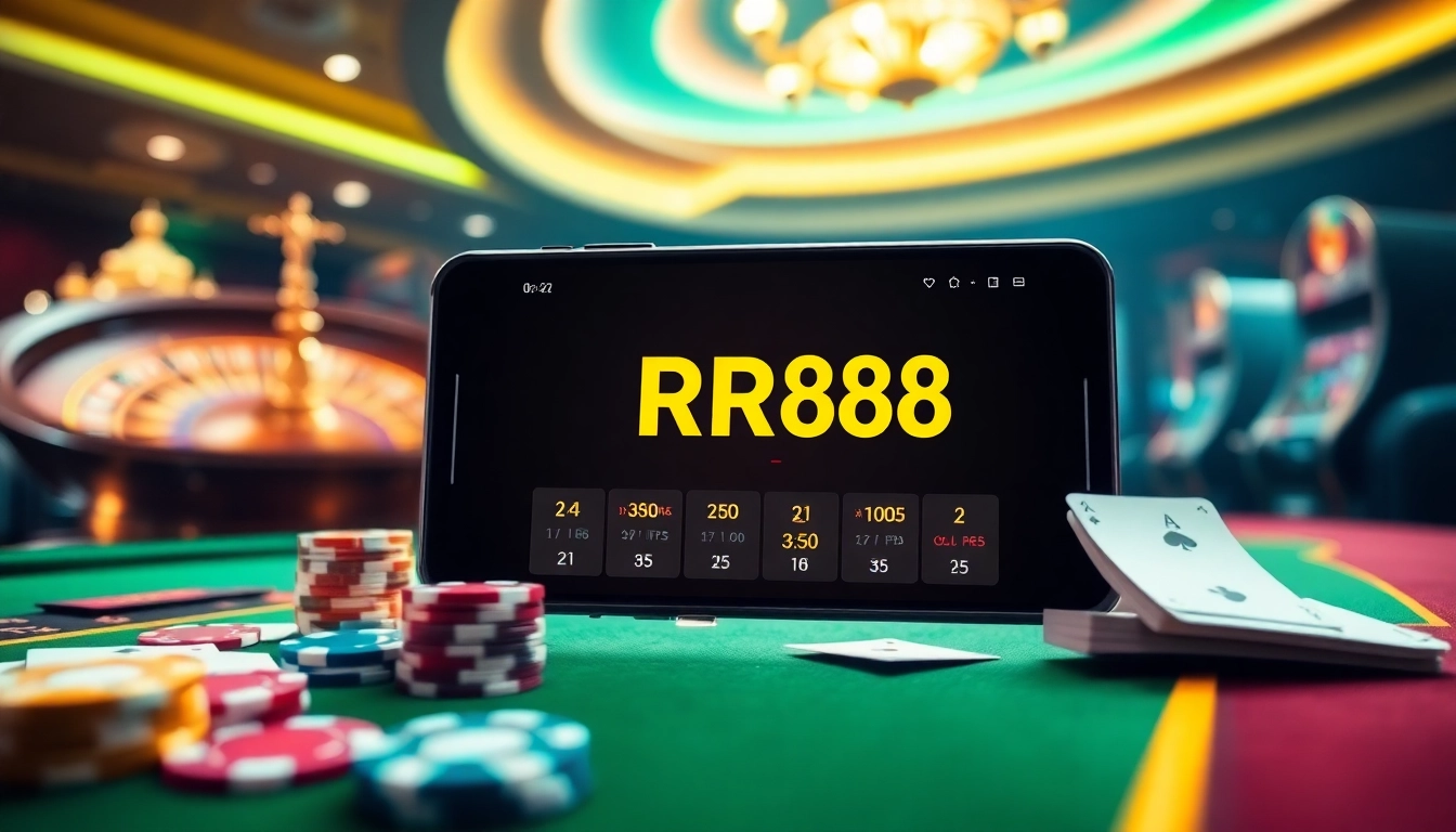 Engaging scene with the RR88 App interface on a smartphone alongside casino elements like poker chips and a roulette wheel.