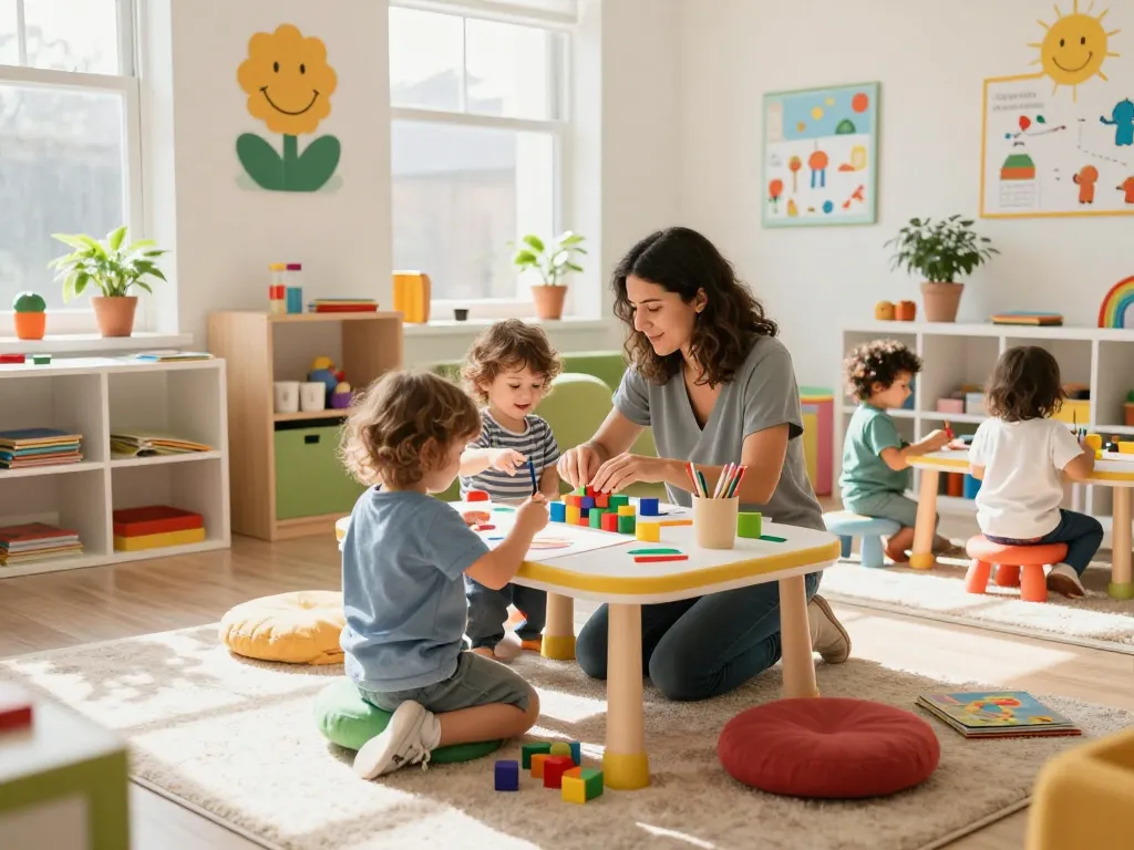 Engaged children learning and playing in a colorful nursery setting - panen178 highlighting joyful childhood experiences.