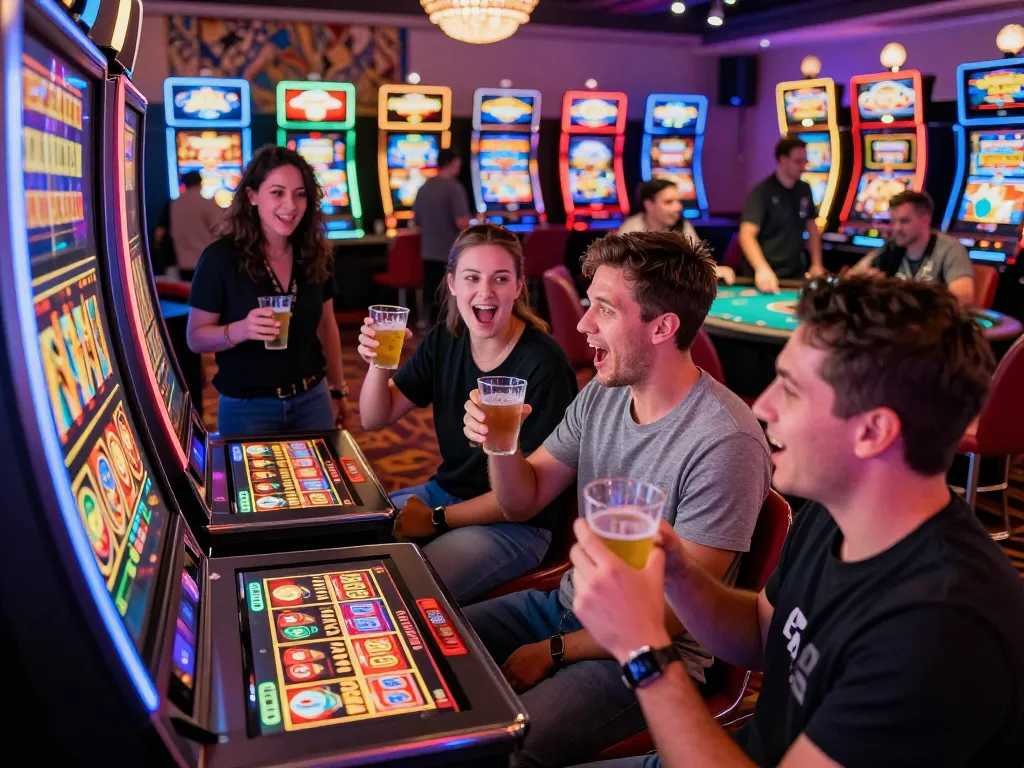 Group of friends celebrating a jackpot at tante77 slot machine in lively casino