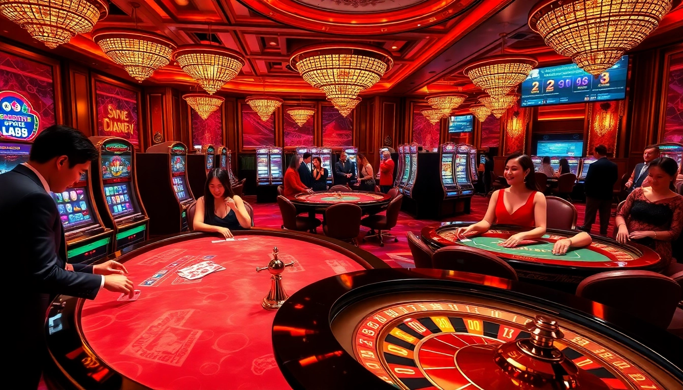 M88 casino players enjoying vibrant slot machines and poker tables in a luxurious setting