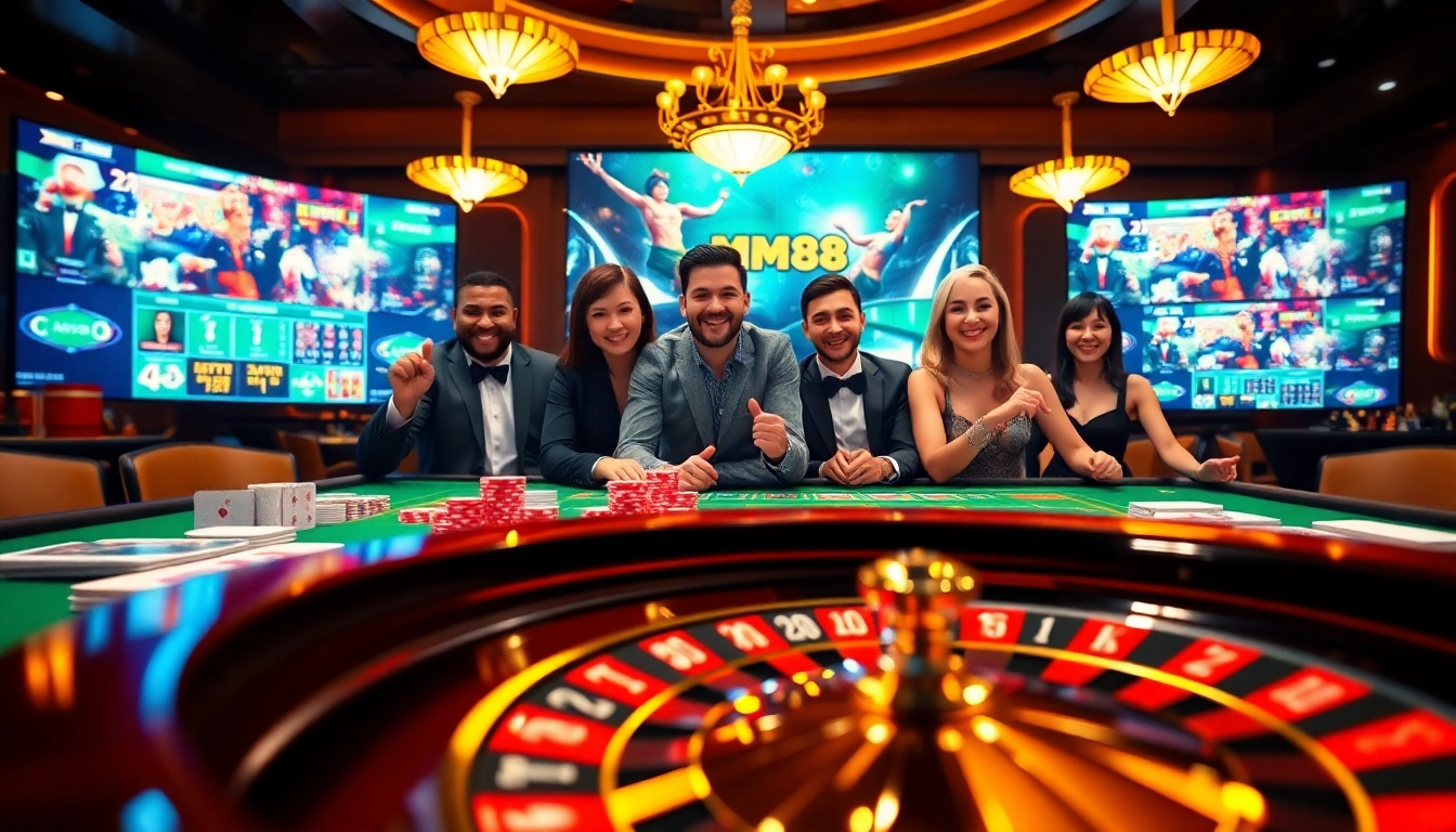 Engaged players at a luxurious casino gaming table featuring MM88 chips and cards.