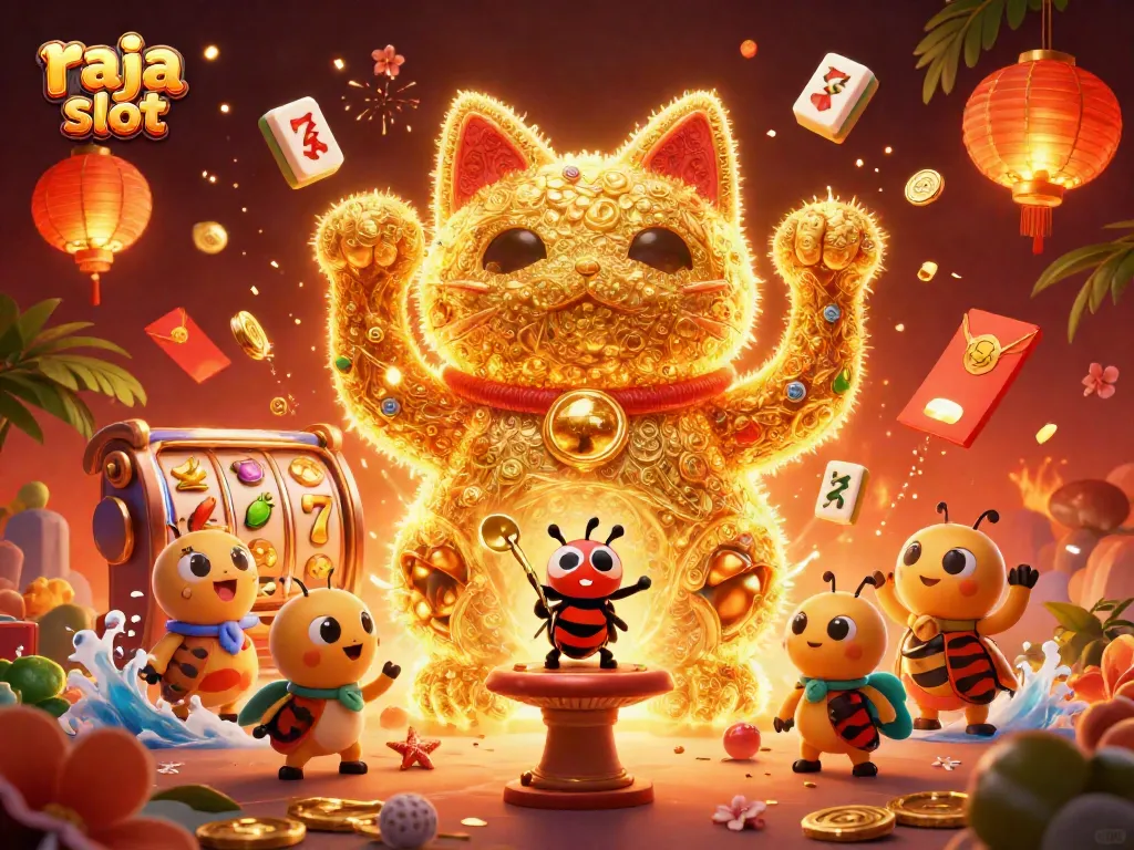 Raja slot menyajikan simbol keberuntungan dan jackpot dalam ilustrasi 3D mengagumkan.