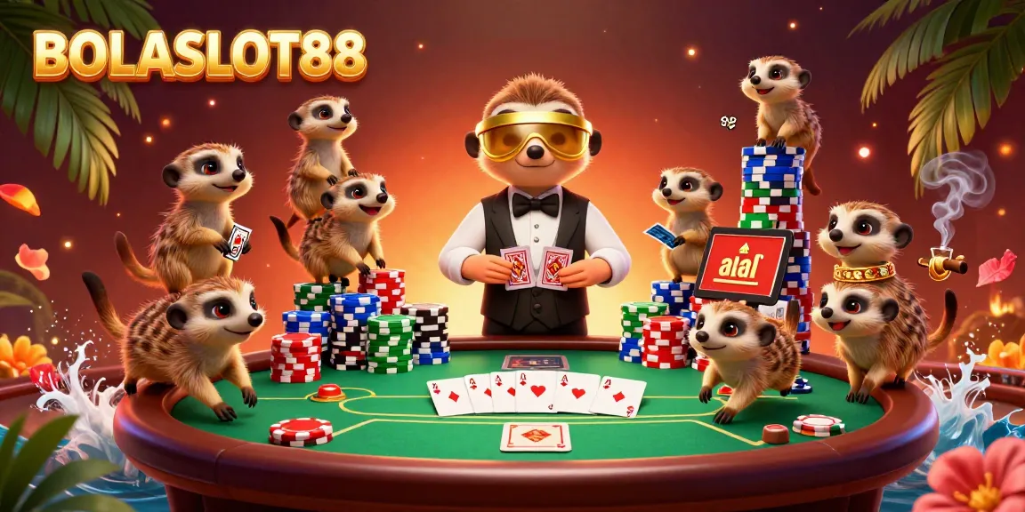 BOLASLOT88 shows a lively meerkat casino scene with engaging game elements and vibrant colors.
