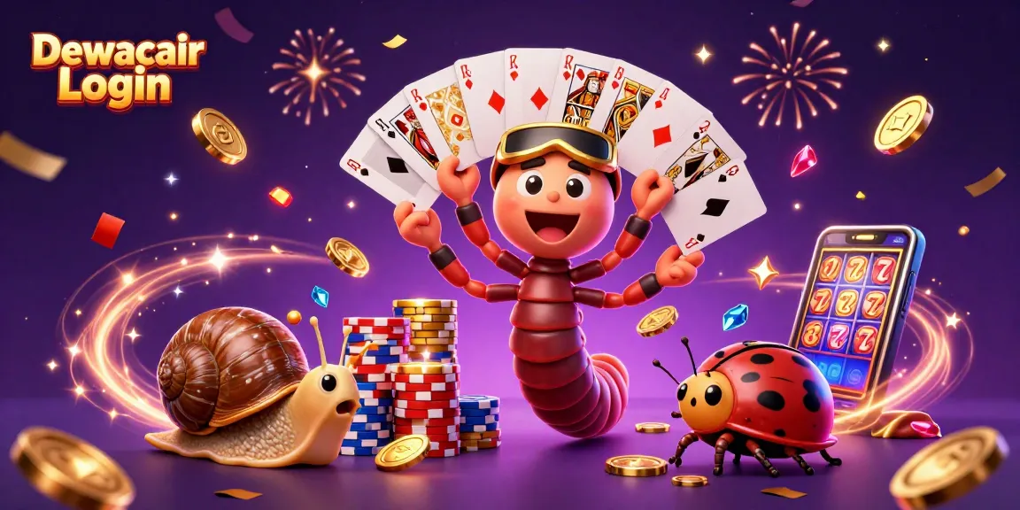 Dewacair Login banner showcasing a colorful casino scene with a millipede dealer and vibrant gaming action