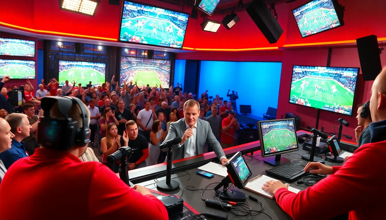 Engaging scene of Sports Broadcasting with a host and lively studio atmosphere.