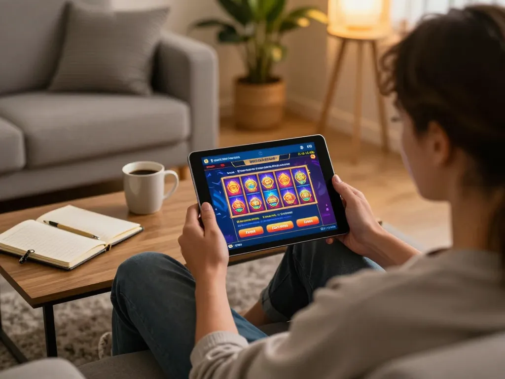 Engaging with a link slot game on a tablet in a cozy home environment, showcasing responsible gambling.