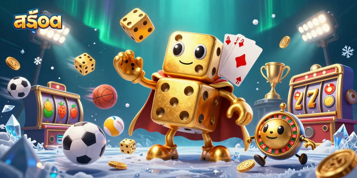 Engage with สล็อต in an energetic 3D illustration featuring golden dice, slot reels, and sports elements.