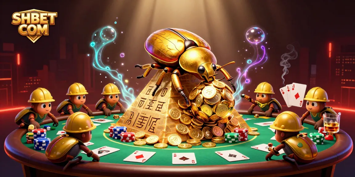 Experience thrilling gameplay with SHBET COM as golden beetles roll coins amidst vibrant casino elements.