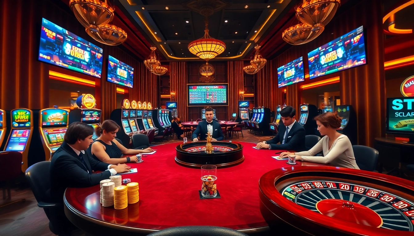 Experience thrilling gameplay at https://kk55.group with a vibrant poker game in a luxurious casino setting.