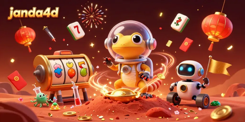 Mendapatkan kemenangan di janda4d dengan simbol slot dan berbagai elemen kasino yang bercahaya.