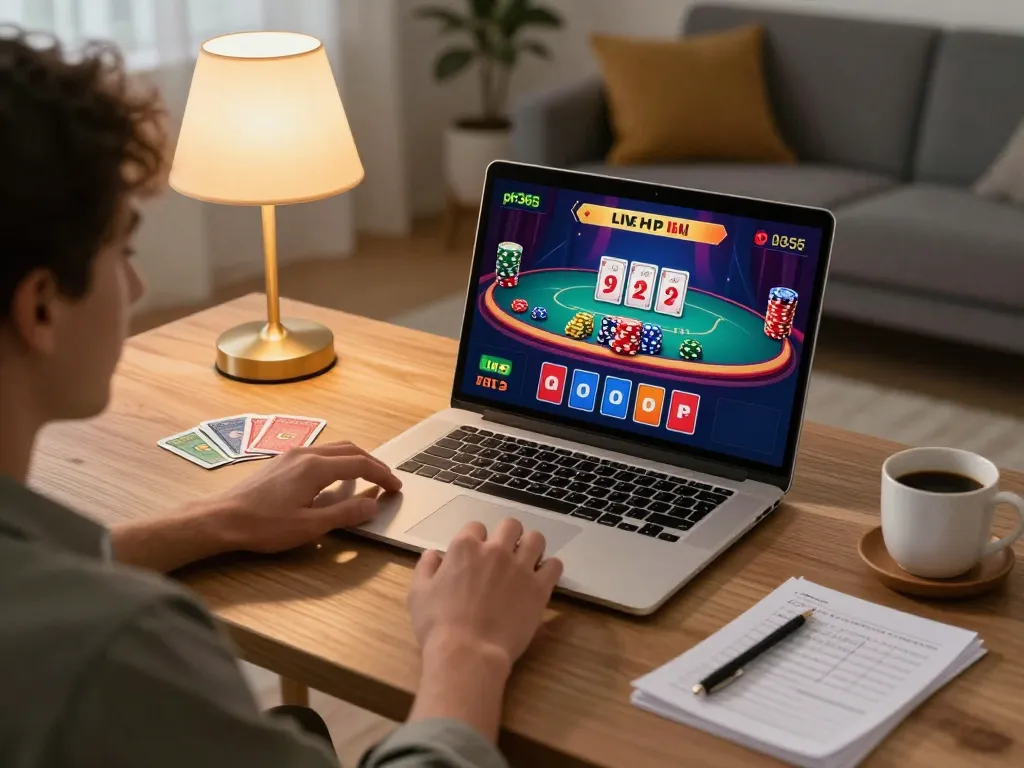 Person enjoying live blackjack at ph365 in a cozy home setting, showcasing engaging online gaming.