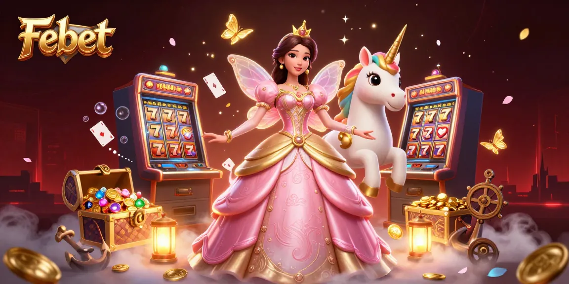 Febet features a glamorous casino scene with a princess, unicorn, and dynamic slot machines.