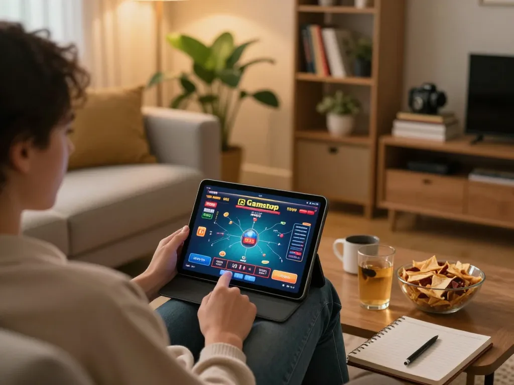 Engaging in a non Gamstop casino game on a tablet, showcasing strategic gameplay at home.