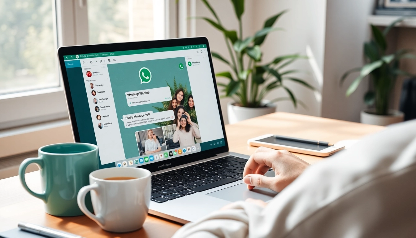在 WhatsApp Web 界面上活跃的用户，展示快连官网的功能，如消息、语音通话和文件分享。