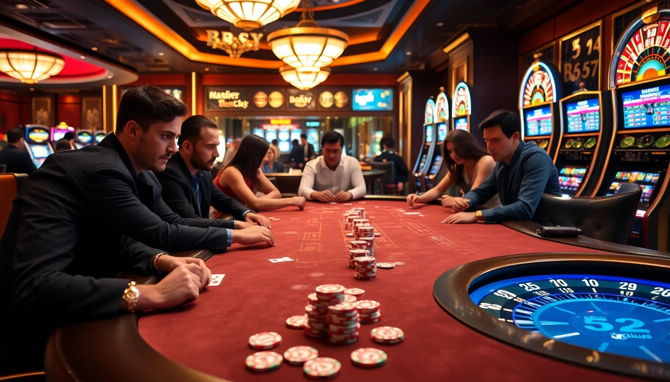 B52club players engaging in an intense poker game at a luxurious casino table.