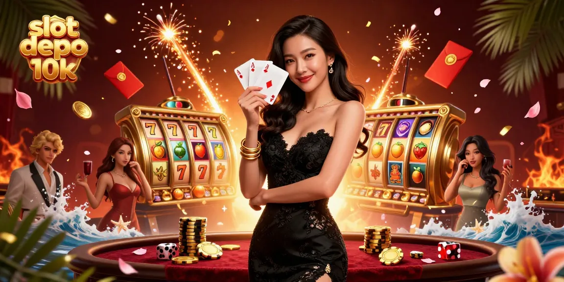 Experience thrilling gameplay with slot depo 10k, showcasing a stylish Asian woman in a luxurious casino setting, ready to win big.