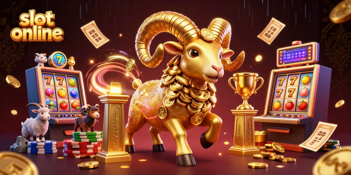 Mainkan slot online dengan ram emas dan simbol keberuntungan dalam ilustrasi kasino yang penuh warna.