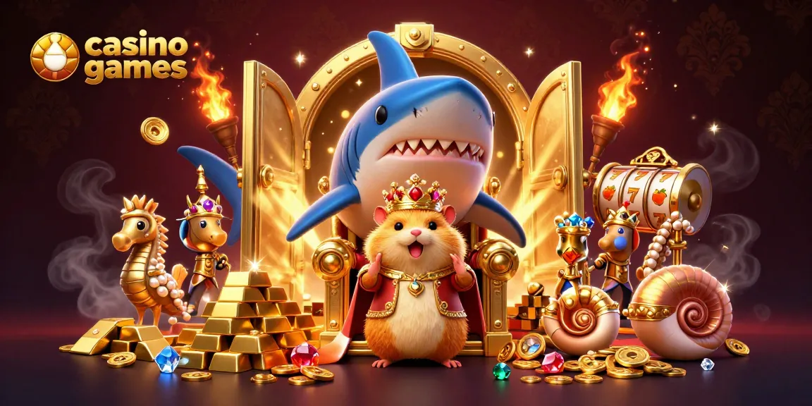 Engage with thrilling casino games as a golden hamster king reigns among treasure and slot symbols.