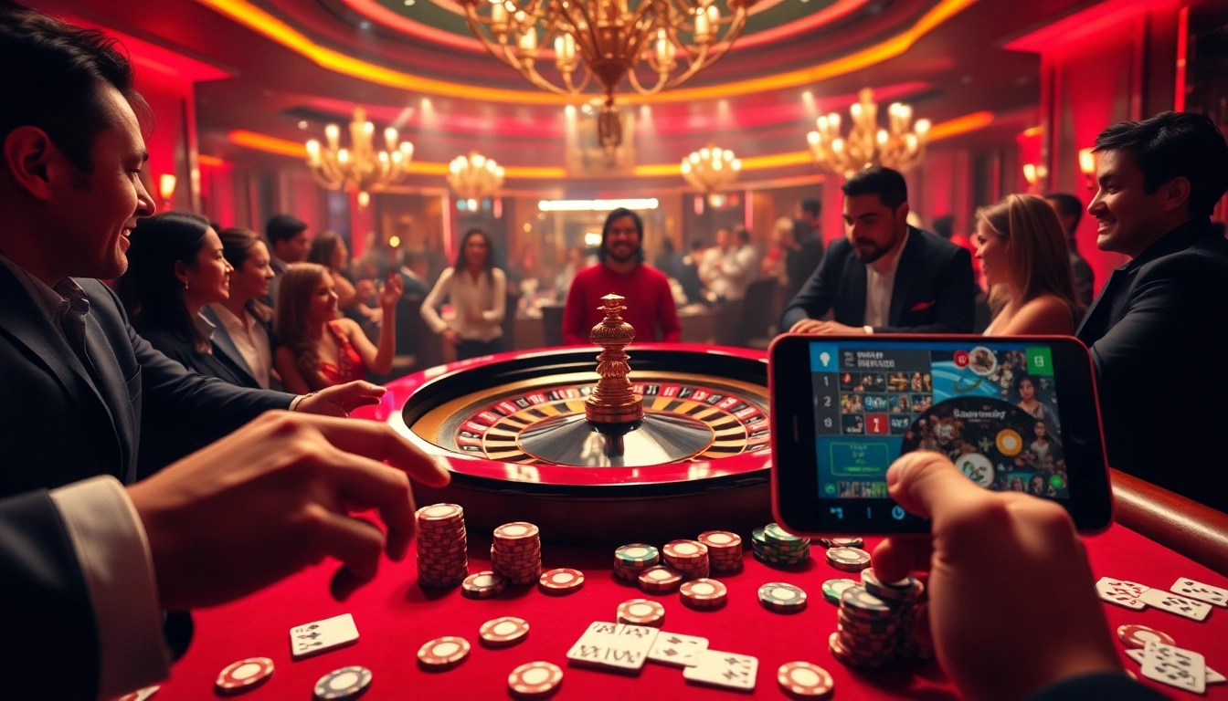 Kubet casino players enjoying exciting roulette and poker games in a luxurious setting.