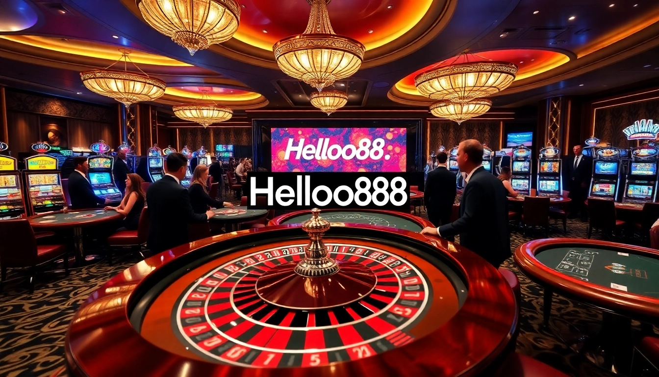 Players enjoying a thrilling roulette game at Helloo88, surrounded by vibrant casino elements.