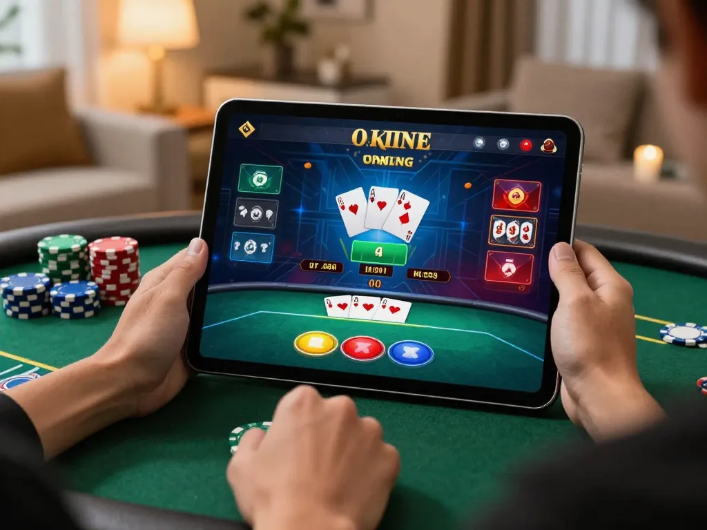 Engaging poker gameplay on a tablet at home, highlighting gnk88's online gaming features.
