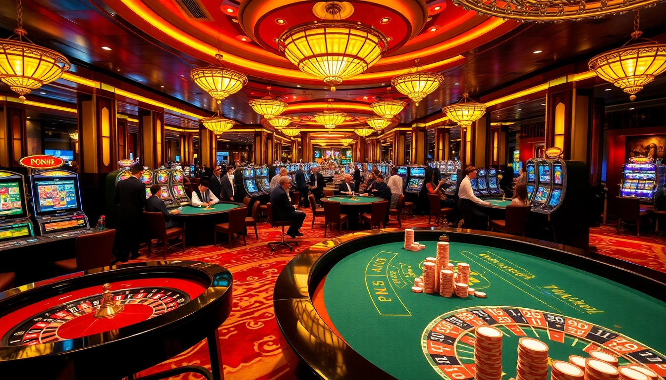 Experience the excitement of 32win with a vibrant luxury casino scene filled with poker tables and slot machines.