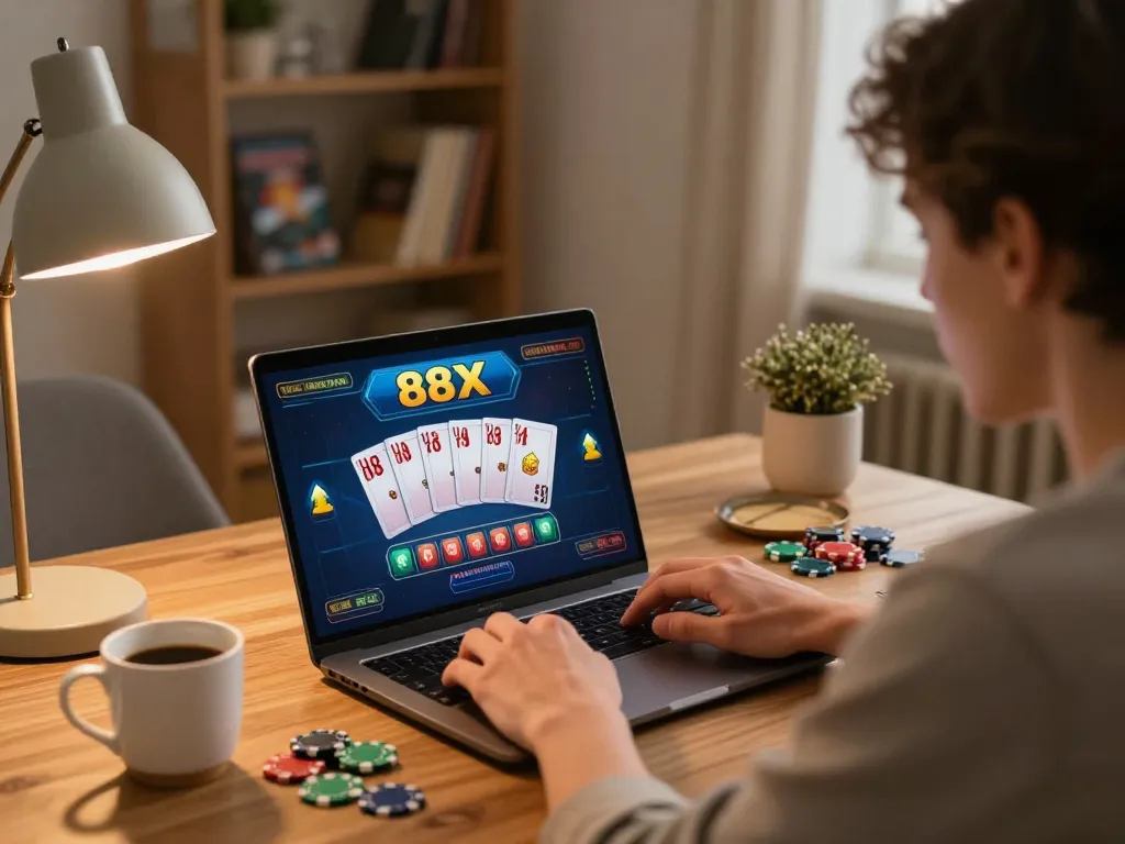 Player wins 88x poker hand during an online casino session in a cozy home setup.