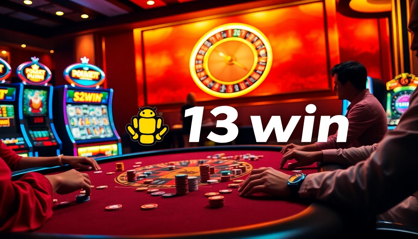 Excited players engaging at a 13win poker table with vibrant chips and luxurious setting.