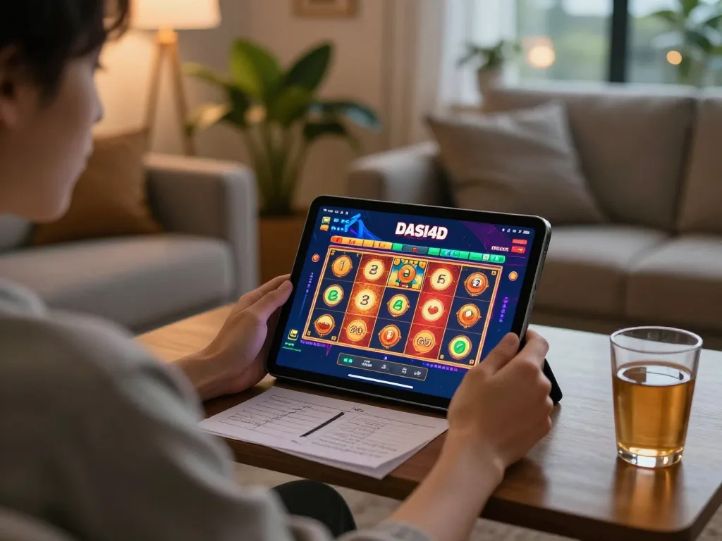 Pemain mengakses login dasi4d di tablet dalam pengaturan rumah yang nyaman, menekankan suasana permainan online.