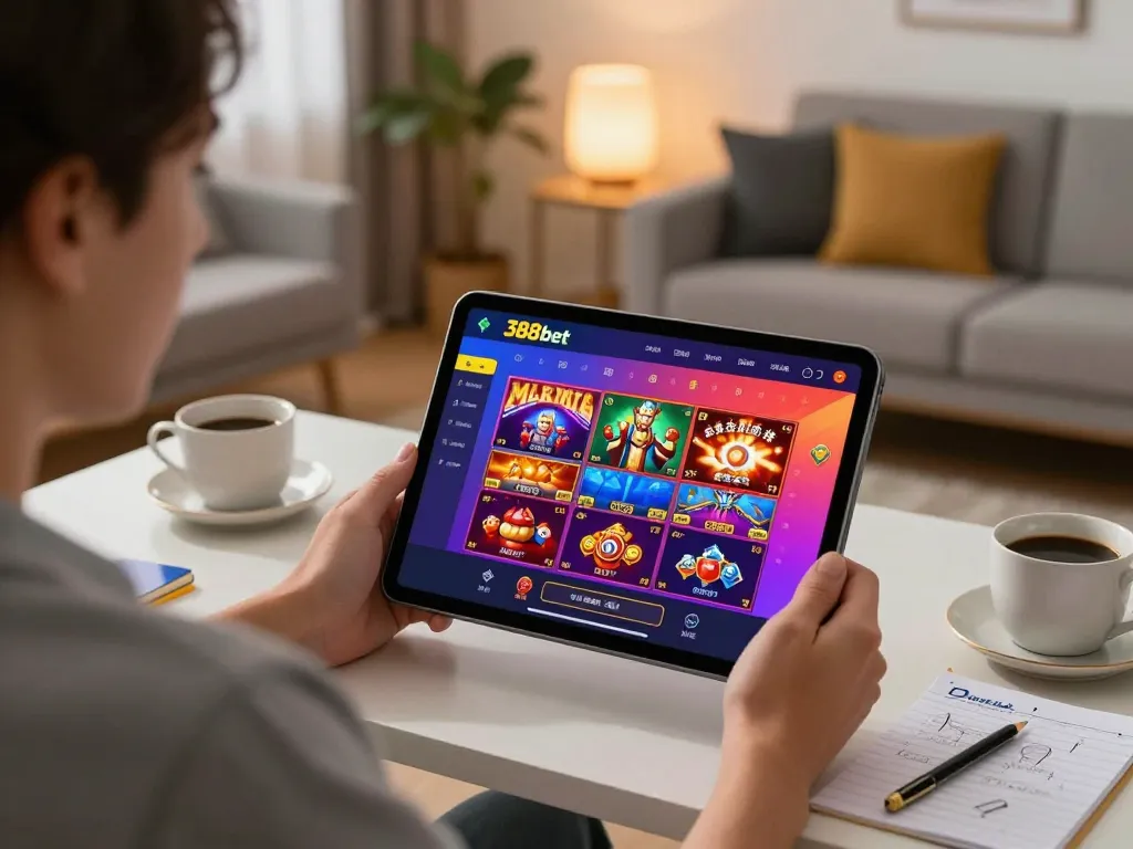 Engaging online gaming scene showcasing the 388bet casino interface with strategic notes and coffee