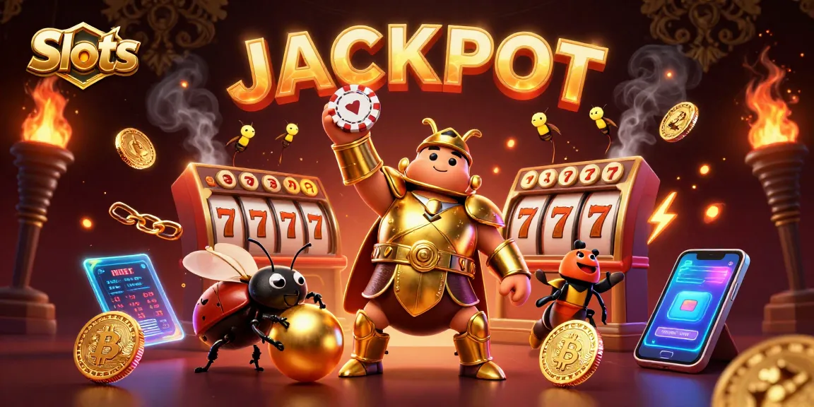 Spin to win with Slots featuring a victorious beetle and jackpot elements in a vibrant casino scene.