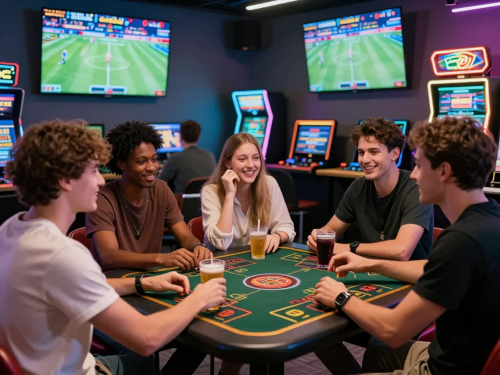 Bong99 scene with friends excitedly placing bets in a vibrant gaming lounge.