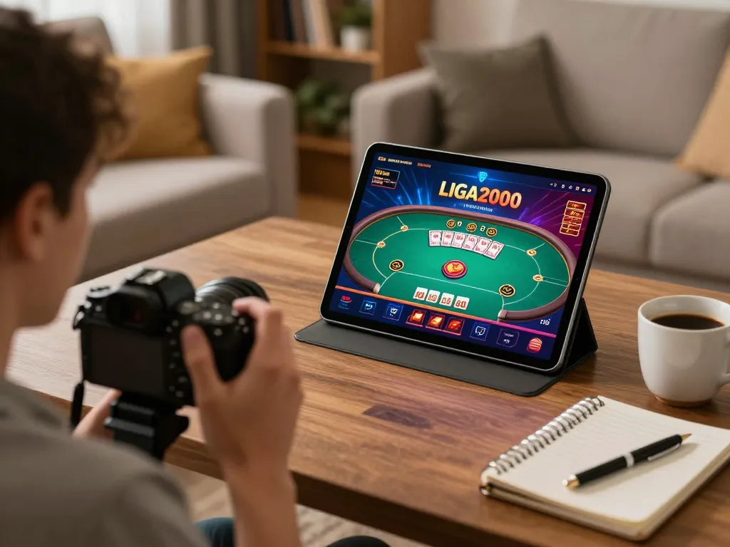 LIGA2000 player enjoying poker on tablet in a cozy home setting with gaming strategies.