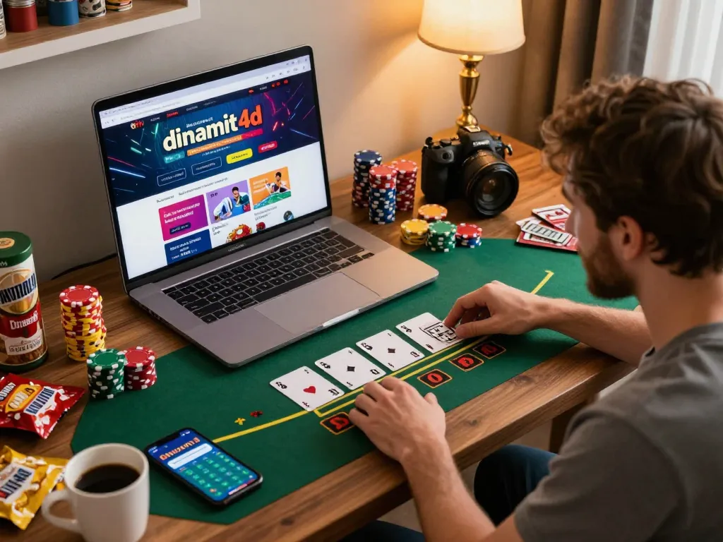 Player enjoying live blackjack on dinamit4d while engaging in responsible gambling at home desk.