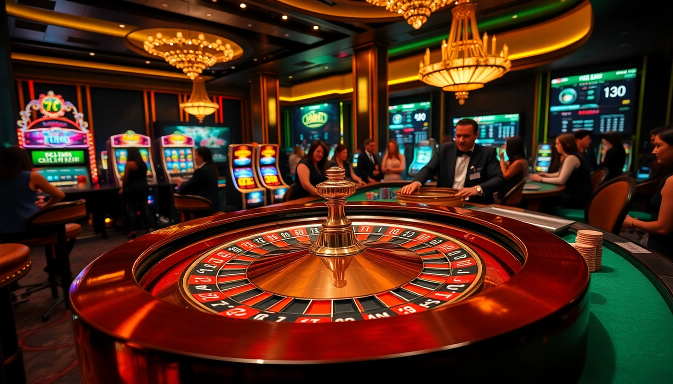 Engaged gamblers enjoying high-stakes gaming at 'hitclub' casino, with roulette and slot machines.
