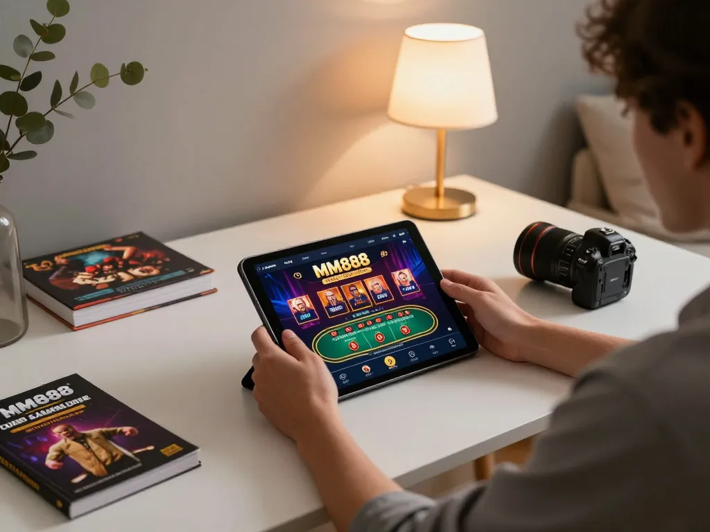 Player engaged with MM888 casino app on tablet, focused on winning strategies while enjoying home comfort.