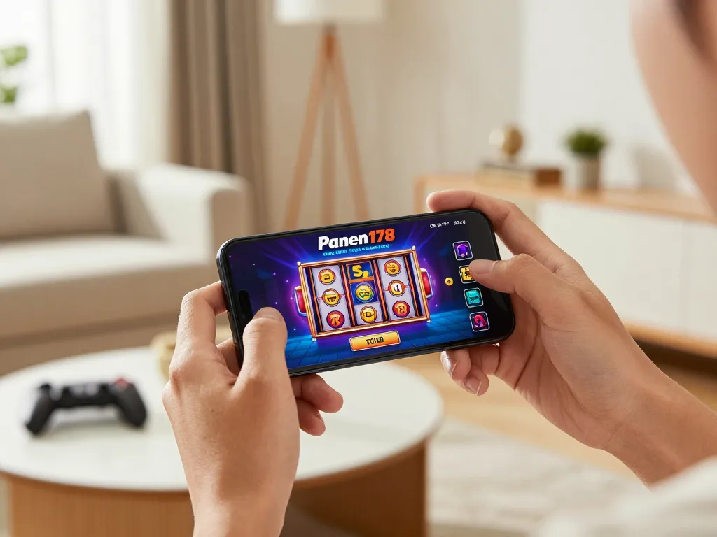Rasakan sensasi dengan aplikasi permainan seluler Panen178, menampilkan grafis slot yang cerah di smartphone.