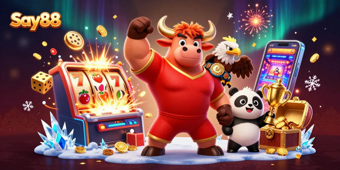 Experience excitement with Say88, featuring a triumphant bull and jackpot visuals in a casino scene.