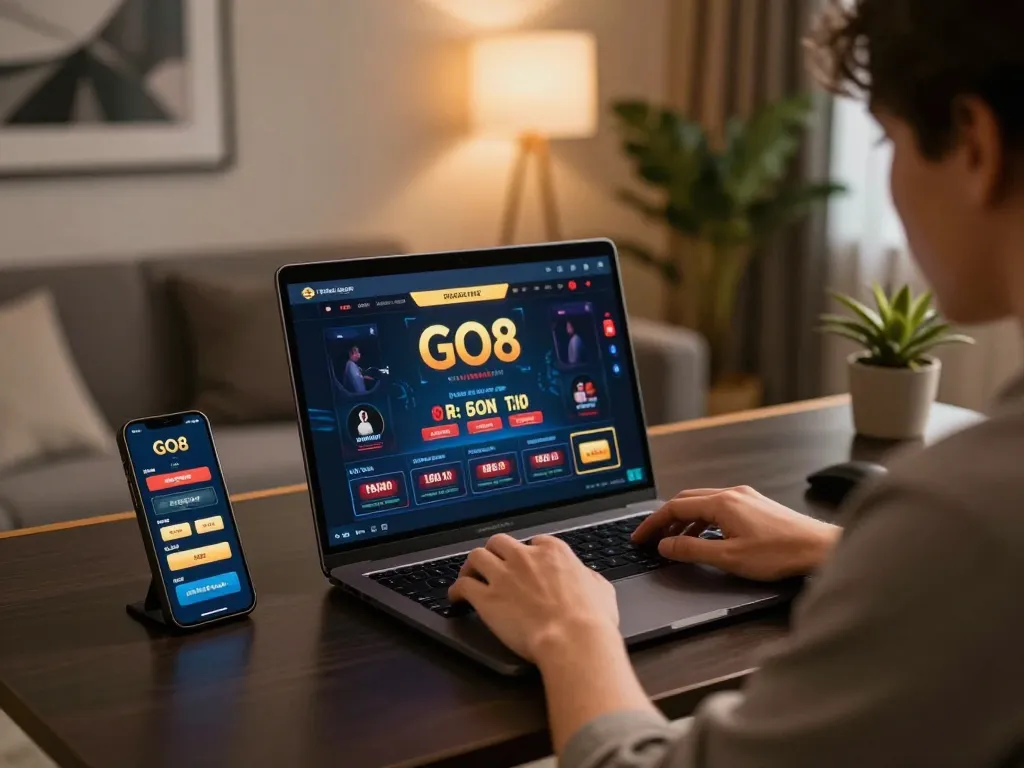 Player engaging in online casino action at GO8 with laptop and smartphone in a stylish home setting.