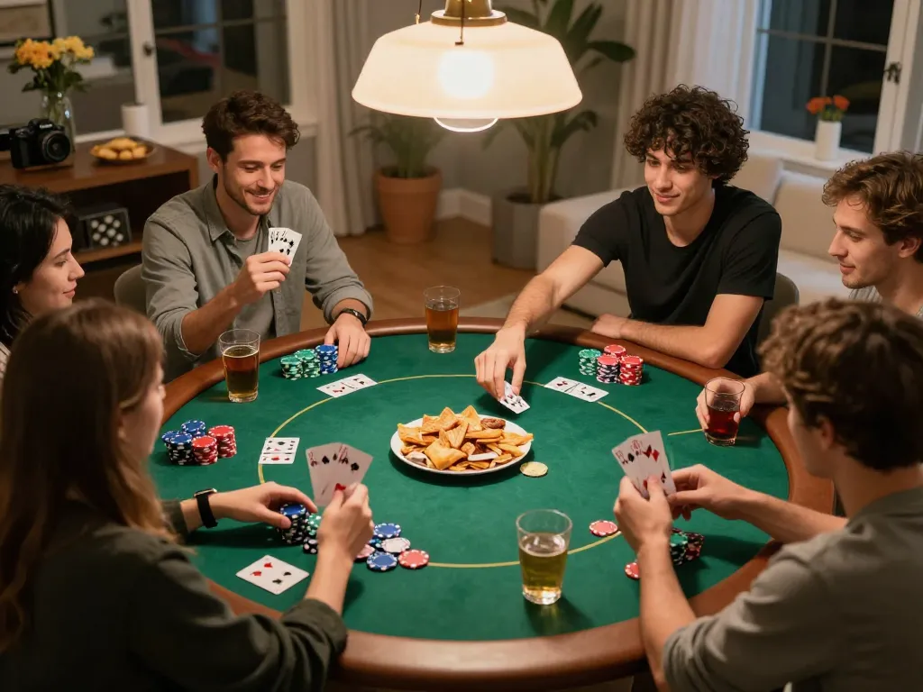 Sahabat menikmati malam poker yang meriah di rumah, menunjukkan kesenangan dan strategi dalam bandar togel.