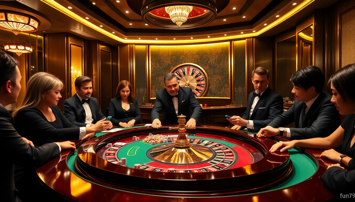 High-stakes players engaging at a luxurious casino table, embodying the essence of fun79.