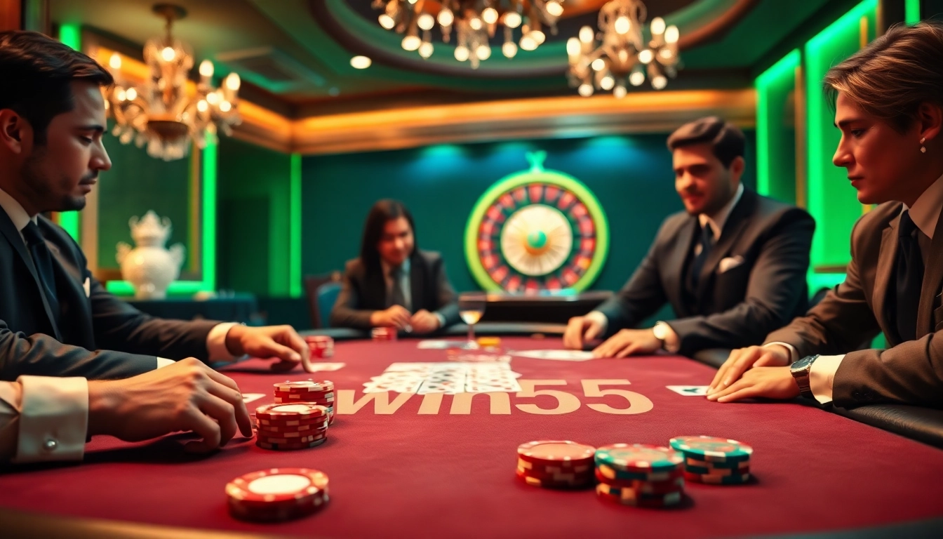 Players engaging in an exciting poker game at win55, showcasing vibrant casino elements and luxury.