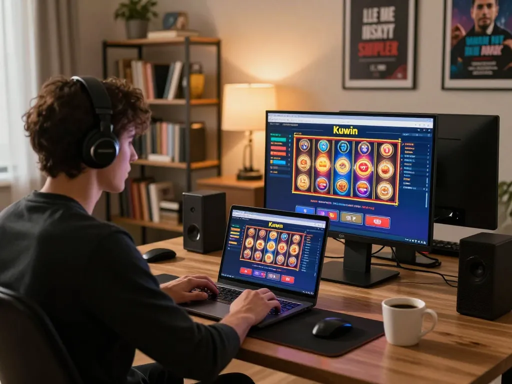 Kuwin online gaming setup displaying vibrant slots on laptop, enhancing immersive gambling experience