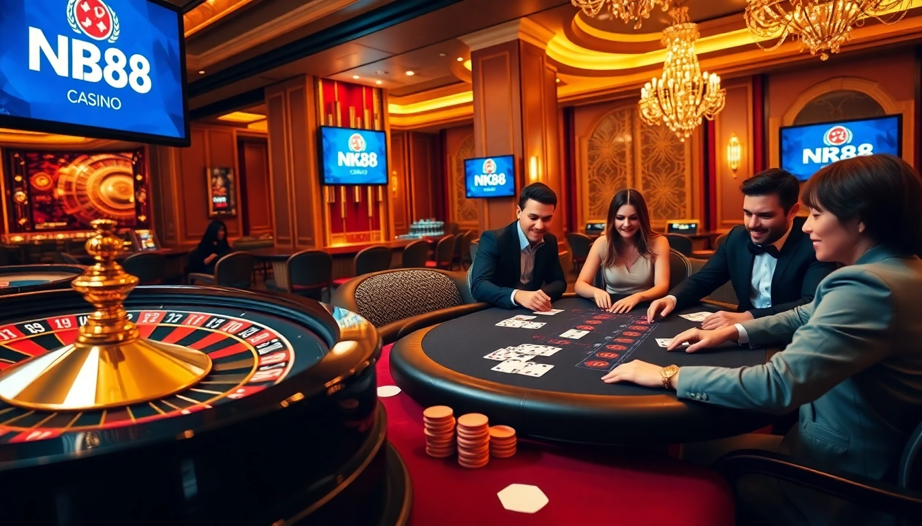 Players engage in a thrilling blackjack game at NK88 casino, showcasing excitement and luxury.