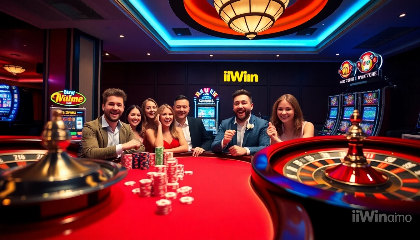Experience the excitement of iWin at a luxurious casino table with vibrant slot machines.