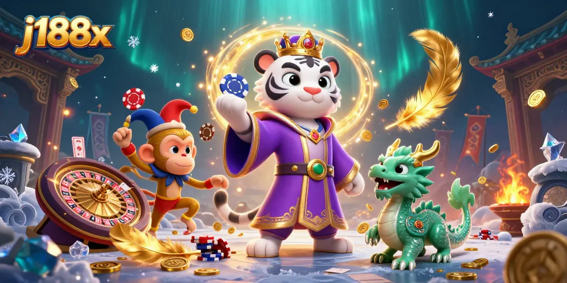 Win big at j188x with this vibrant illustration featuring a tiger, monkey, and dragon in an exciting casino scene.