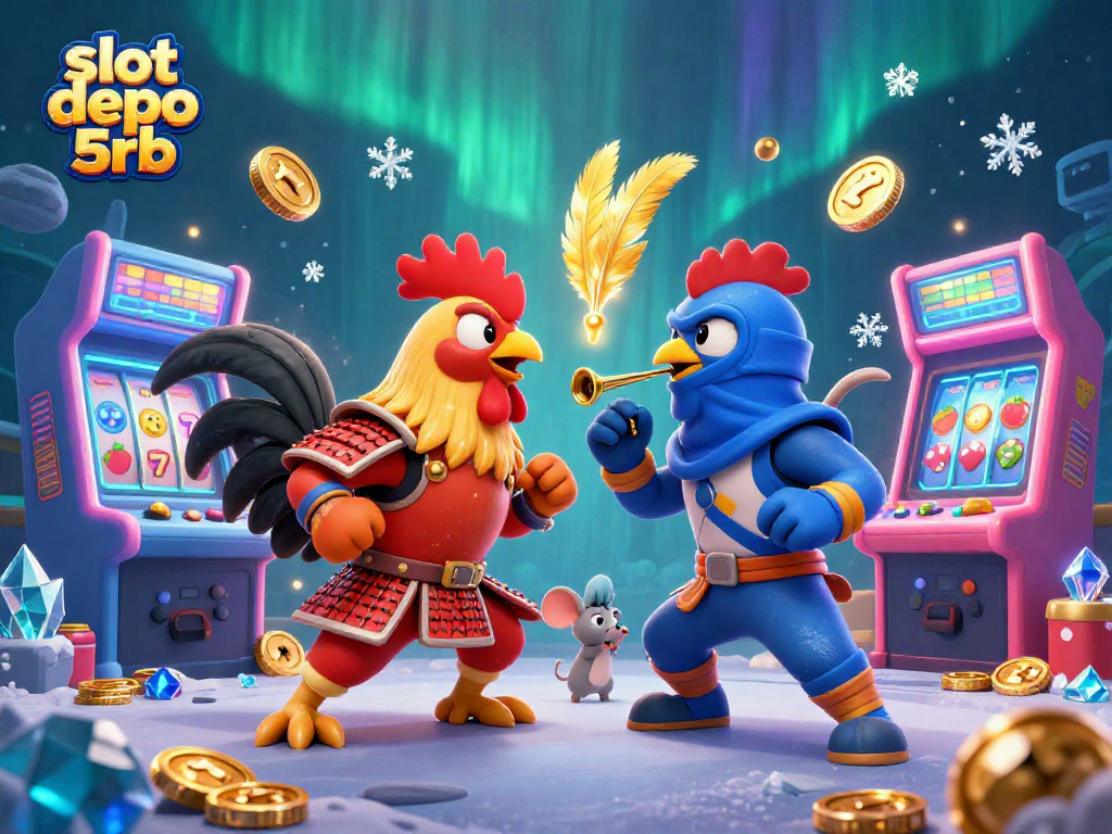 Engage in thrilling action at slot depo 5rb featuring fighting roosters and dynamic slot machines.
